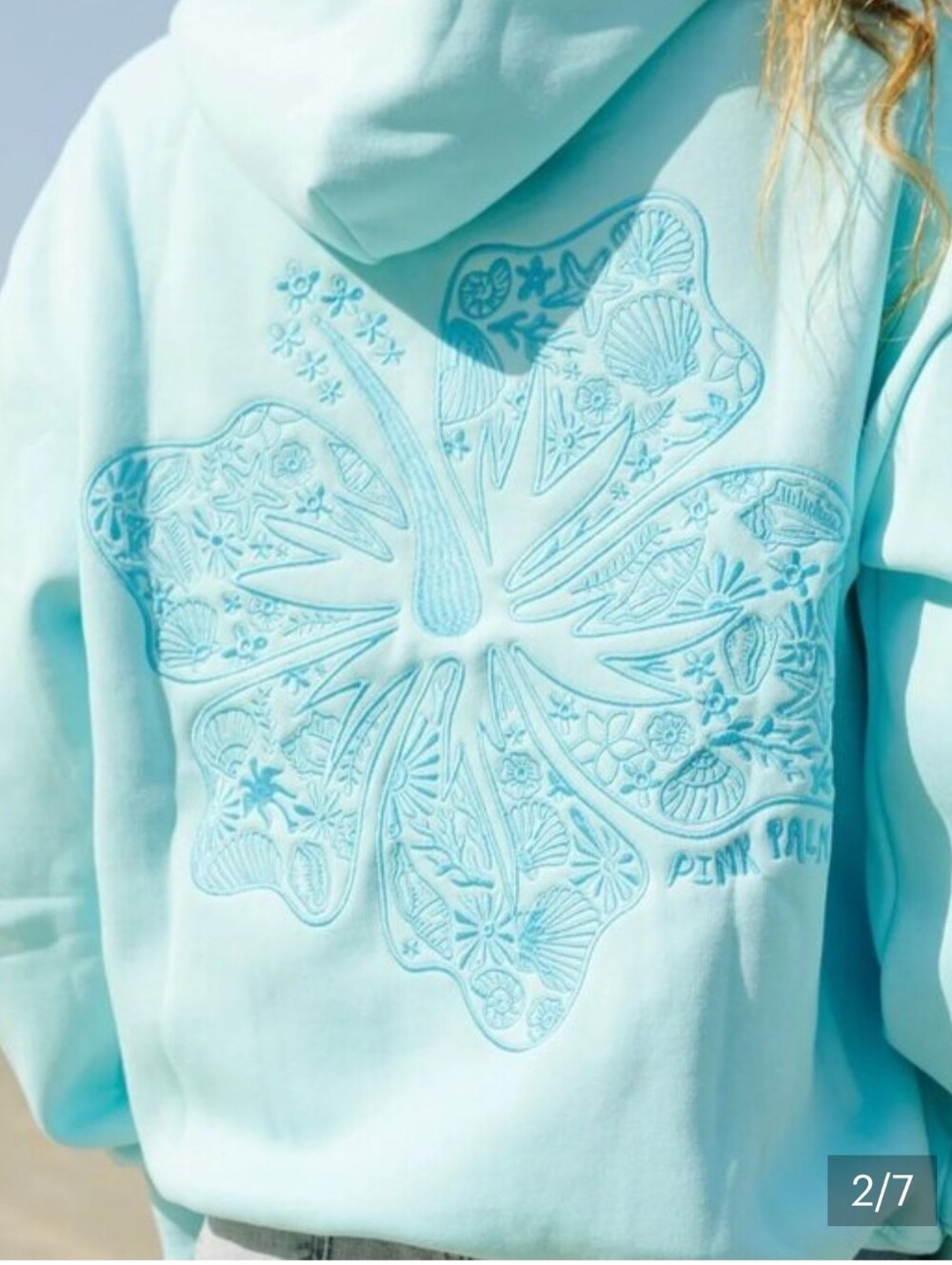 Pink Palm Puff XS Hibiscus Hoodie - Aqua